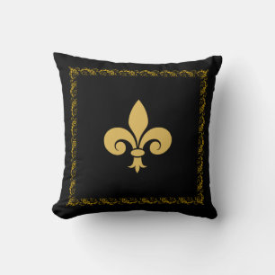 Golden Fleur de Lis with Floral Frame on Black Cushion