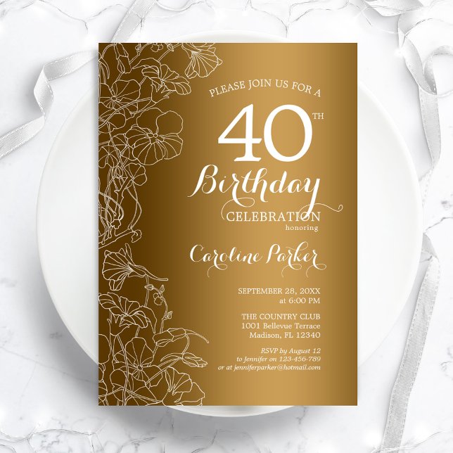 Golden Floral 40th Birthday Party Invitation (Creator Uploaded)