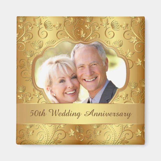 Golden floral 50th Wedding Anniversary Photo Magnet (Front)