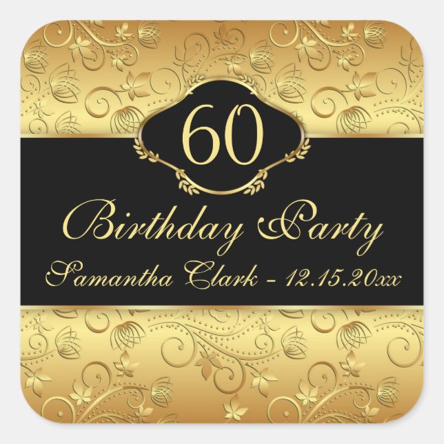 Golden floral 60th Birthday Party Square Sticker (Front)