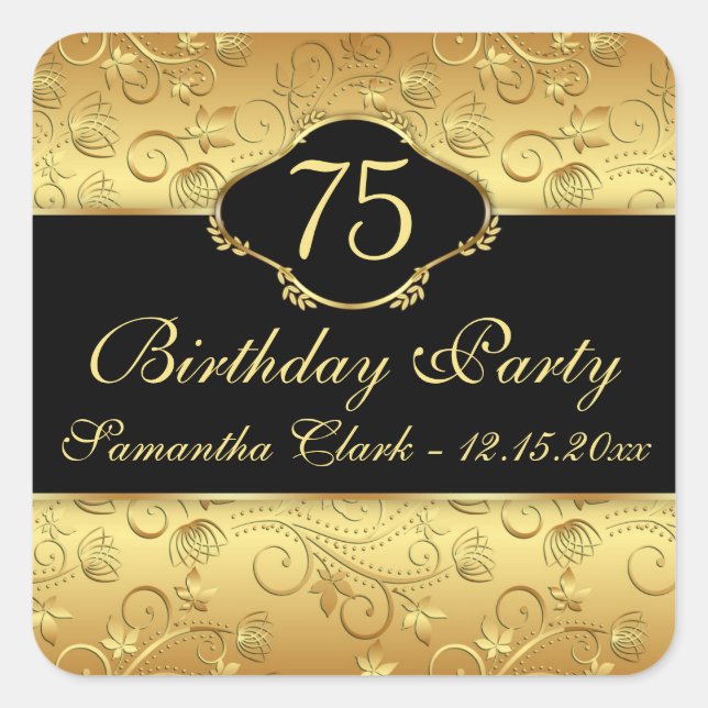 Golden floral 75th Birthday Party Square Sticker (Front)