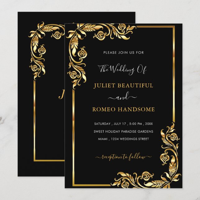Golden Floral Black and Gold Wedding Invitation (Front/Back)