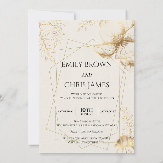 Golden Floral Blooming | Modern Wedding Ceremony Invitation (Front)