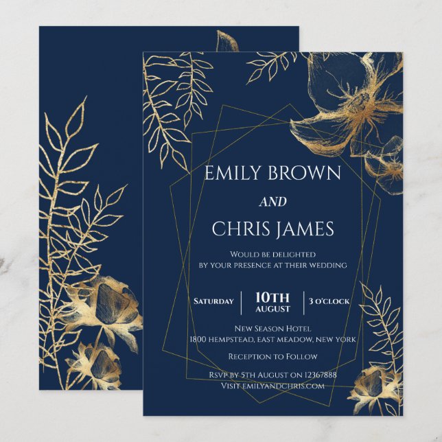 Golden Floral Blooming | Modern Wedding Ceremony Invitation (Front/Back)
