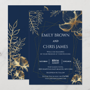 Golden Floral Blooming Modern Wedding Ceremony Invitation