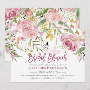 Golden Floral Blush Pink Watercolor Bridal Brunch Invitation