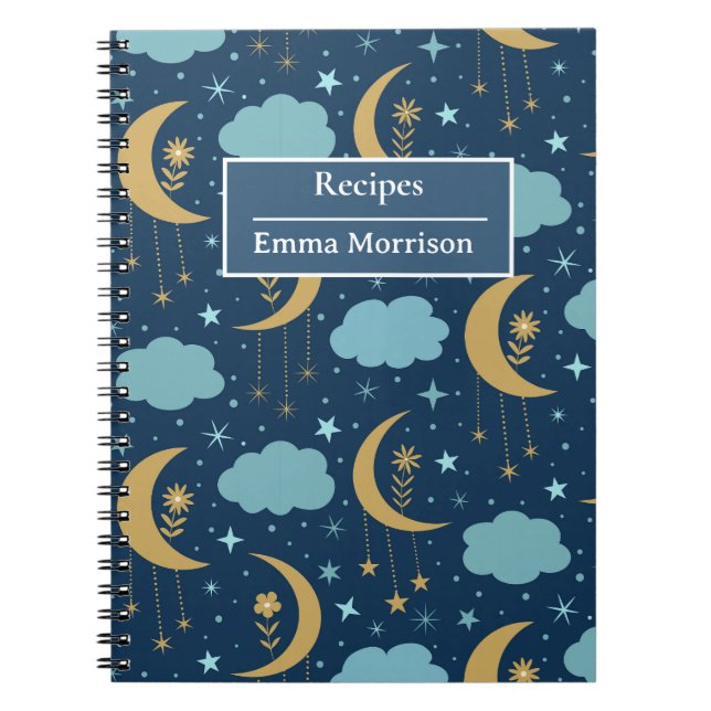 Golden Floral Boho Moon Personalised Recipe  Notebook (Front)