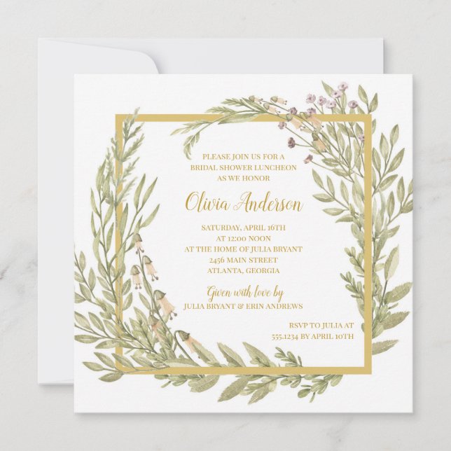 Golden Floral Border Bridal Luncheon Invitation (Front)