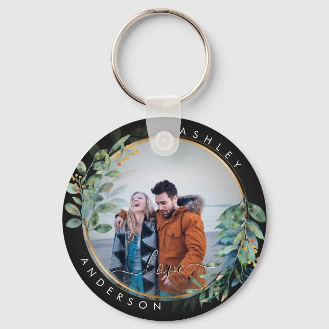 Golden Floral Botanical Green Couple Watercolor Key Ring (Front)