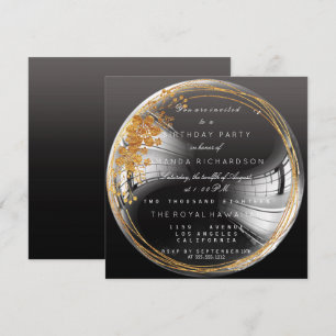 Golden Floral Bubble Birthday Black Ombre Invitation