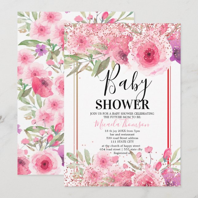 Golden floral cake for baby shower invitation (Front/Back)