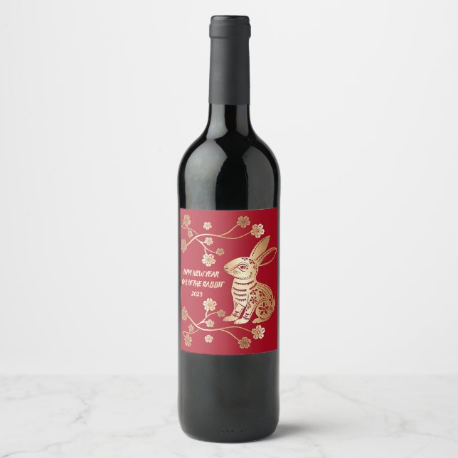 Golden Floral Chinese New Year of Rabbit 2023 Red Wine Label (Front)