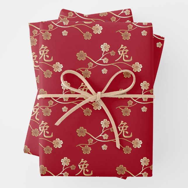 Golden Floral Chinese New Year of Rabbit 2023 Red Wrapping Paper Sheet (In situ)