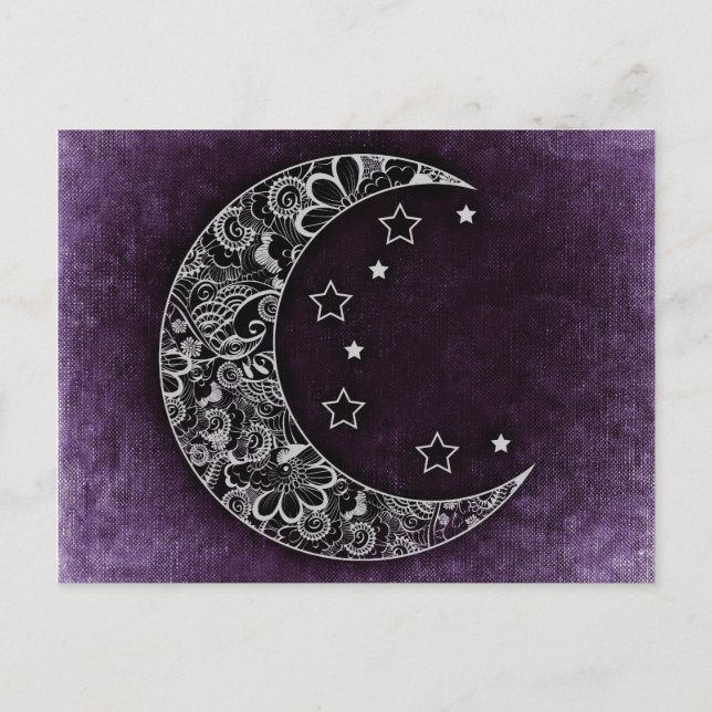 Golden Floral Crescent Moon and Stars on Purple Postcard (Front)