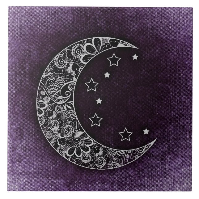 Golden Floral Crescent Moon and Stars on Purple Tile (Front)