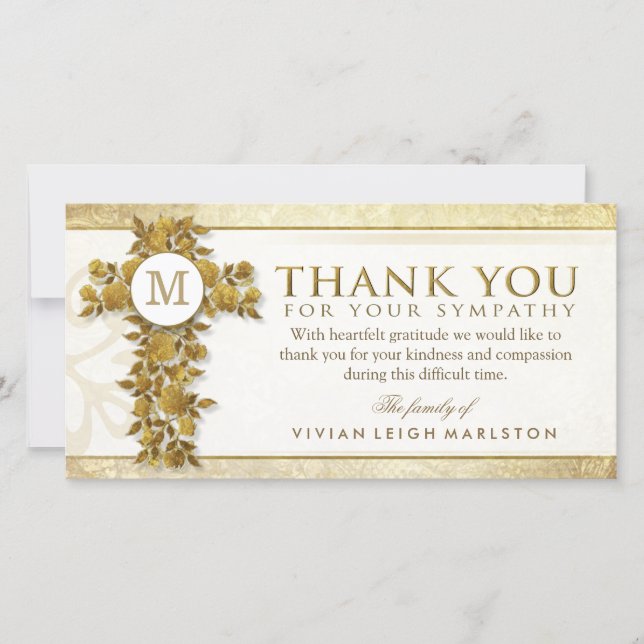 Golden Floral Cross Monogram Thank You Sympathy Card (Front)
