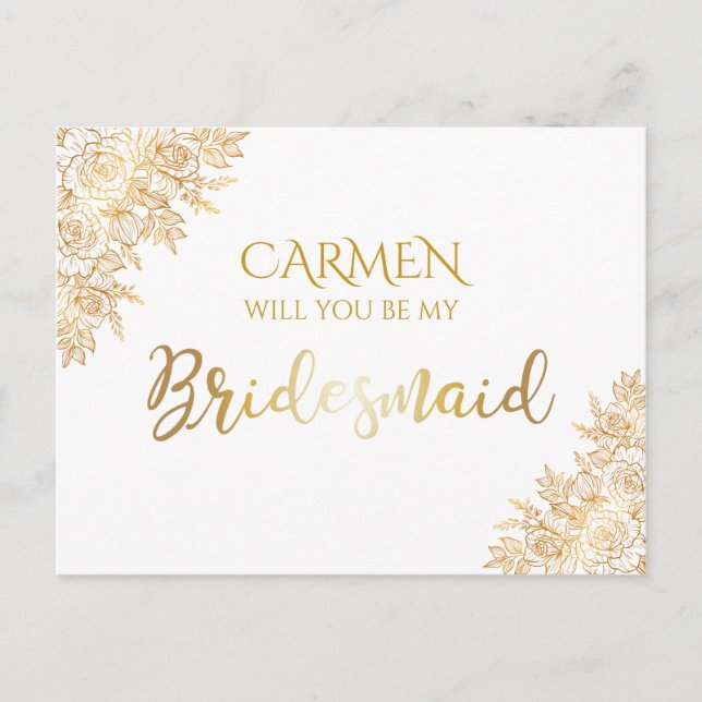 Golden Floral Decorative Bridesmaid Postcard (Front)