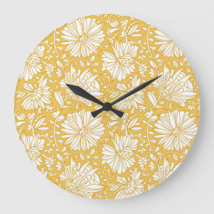 Golden floral doodle, abstract hand-drawn large clock