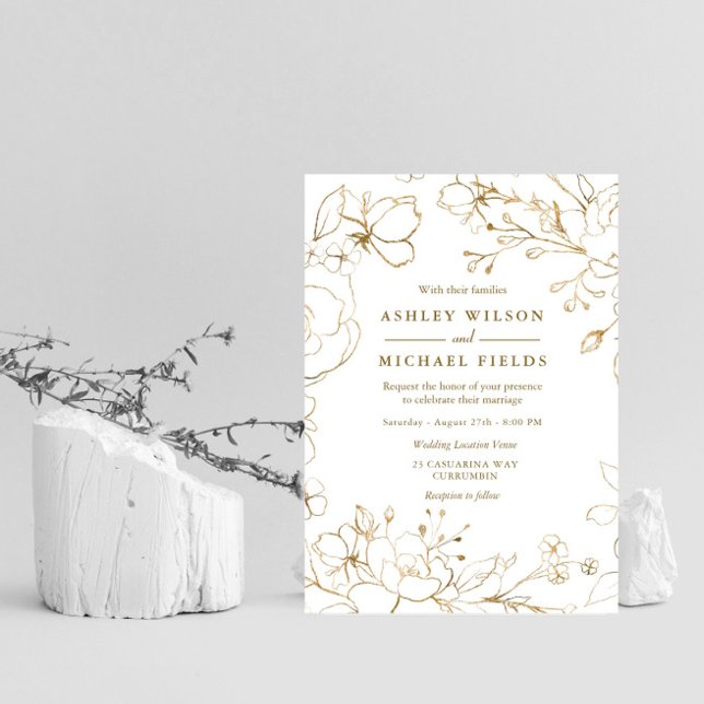 Golden Floral Elegant White Modern Wedding Invitation (Creator Uploaded)