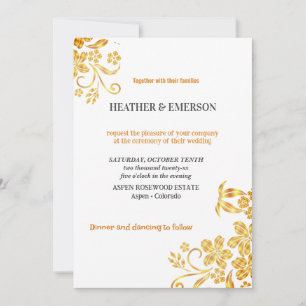 Golden Floral Elegant white Wedding Invitation