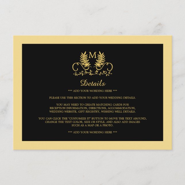 Golden Floral Emblem Wedding Detail Enclosure Card (Front)
