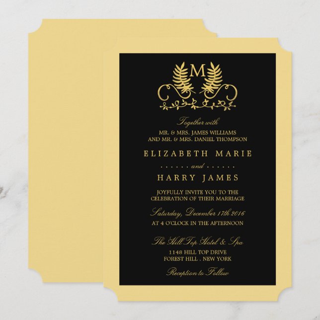 Golden Floral Emblem Wedding Invitation (Front/Back)