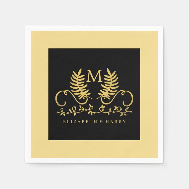 Golden Floral Emblem Wedding Napkin (Front)