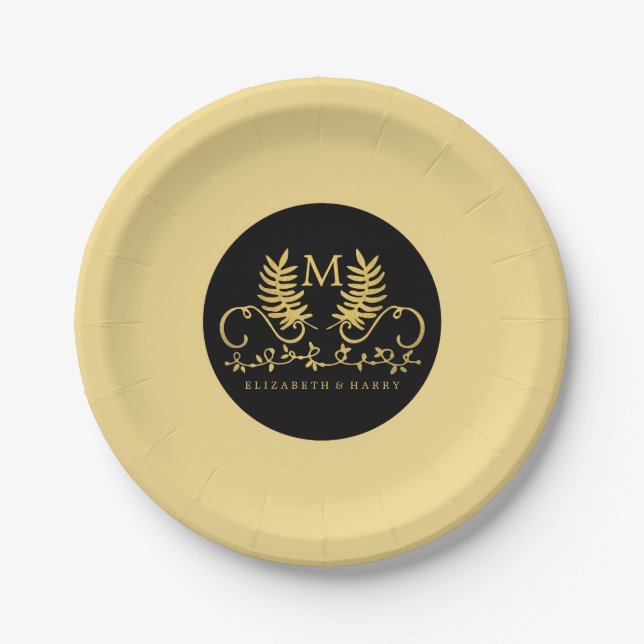 Golden Floral Emblem Wedding Paper Plate (Front)