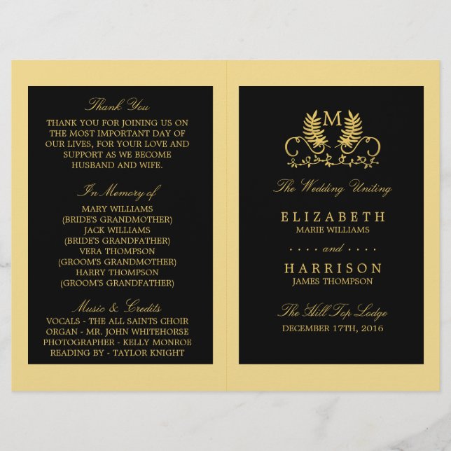 Golden Floral Emblem Wedding Program (Front)