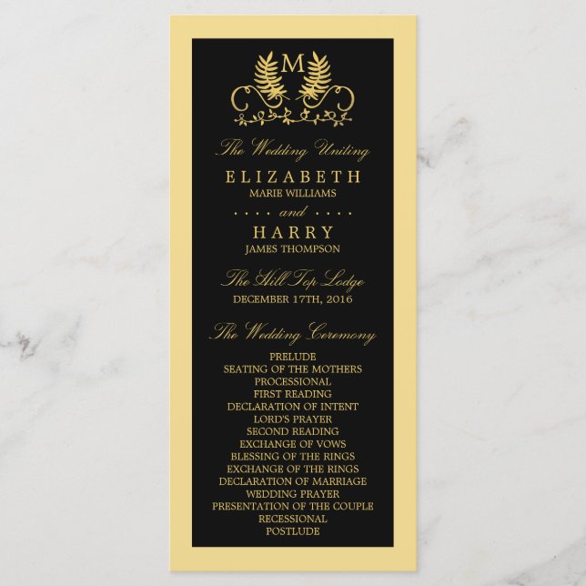 Golden Floral Emblem Wedding Program Programme (Front)