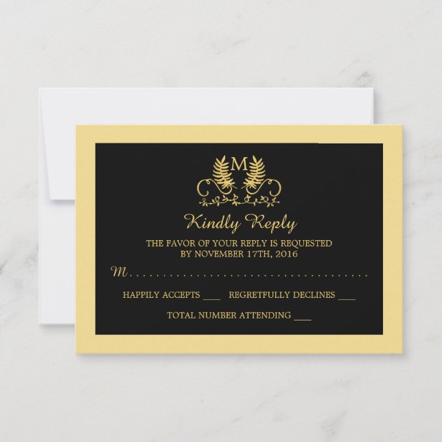 Golden Floral Emblem Wedding RSVP Card (Front)