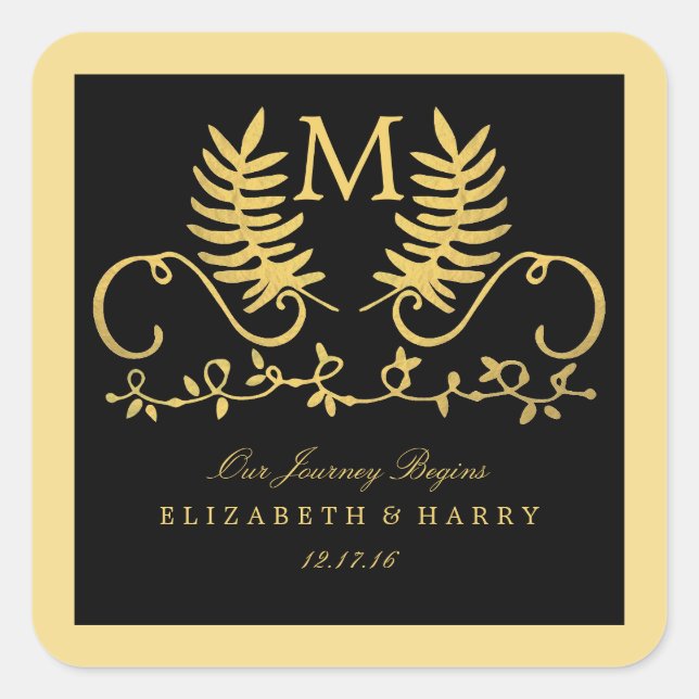 Golden Floral Emblem Wedding Square Sticker (Front)
