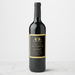 Golden Floral Emblem Wedding Wine Label