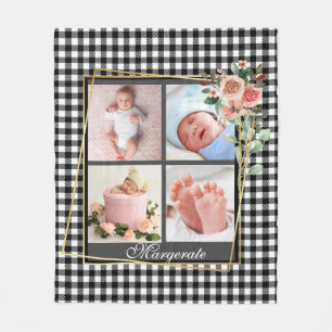 Golden Floral Frame New Baby Personalised 4 Photo  Fleece Blanket