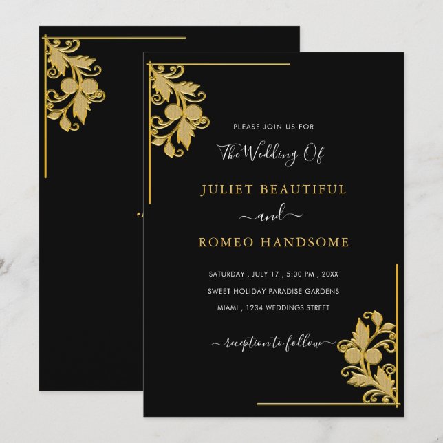 Golden Floral Frame Wedding Invitations Example (Front/Back)