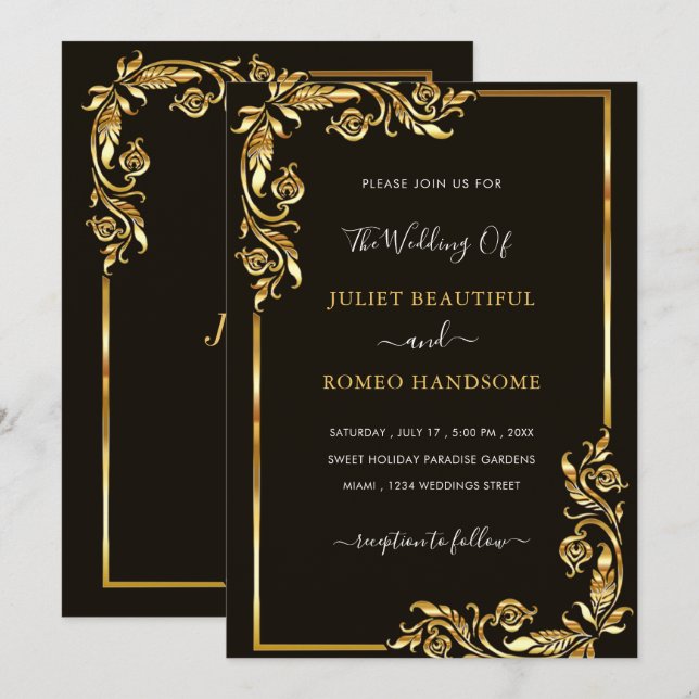 Golden Floral Framed Black Gold Wedding Invitation (Front/Back)