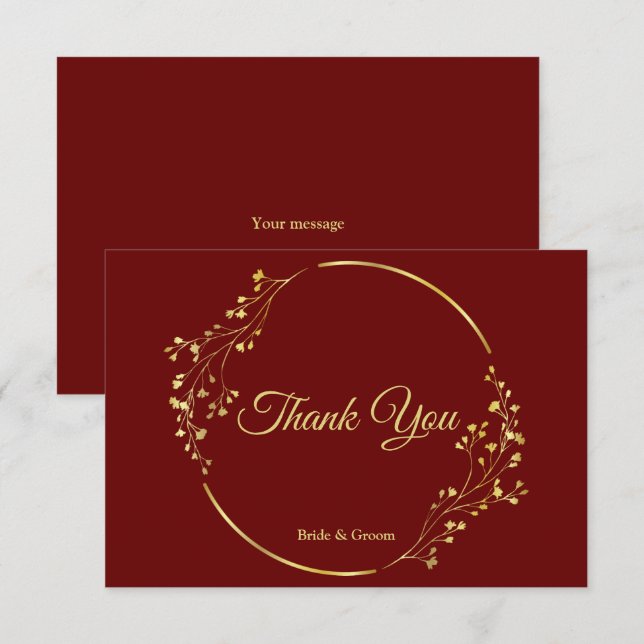 Golden Floral Geometric Wreath Red Wedding Thank You Card (Front/Back)