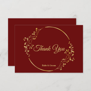 Golden Floral Geometric Wreath Red Wedding Thank You Card
