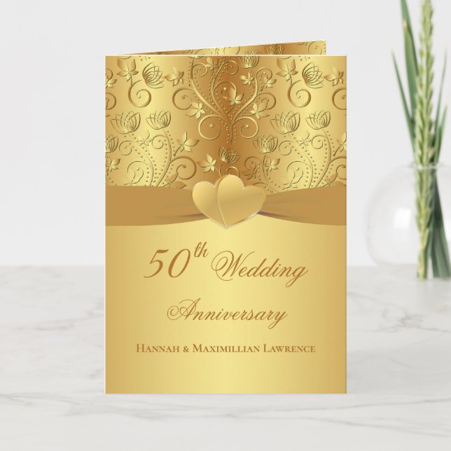 Golden Floral Hearts 50th Wedding Anniversary  Card (Front)