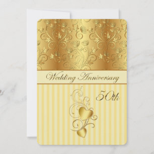 Golden floral, hearts 50th Wedding Anniversary Invitation