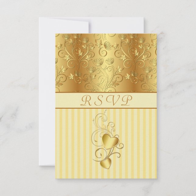Golden floral, hearts Wedding RSVP Invitation (Front)
