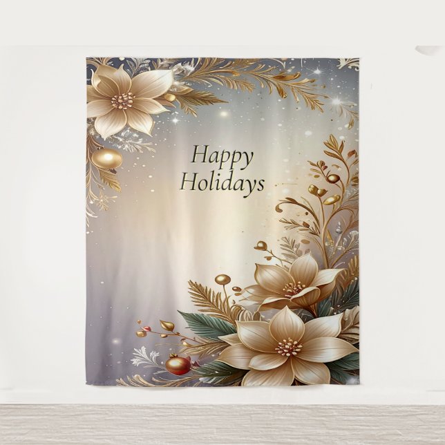 Golden Floral Holiday Backdrop Tapestry (Front)