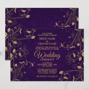 Golden Floral Leaves Pattern Purple Modern Wedding Invitation