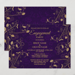 Golden Floral Leaves Purple Engagement Party Invitation