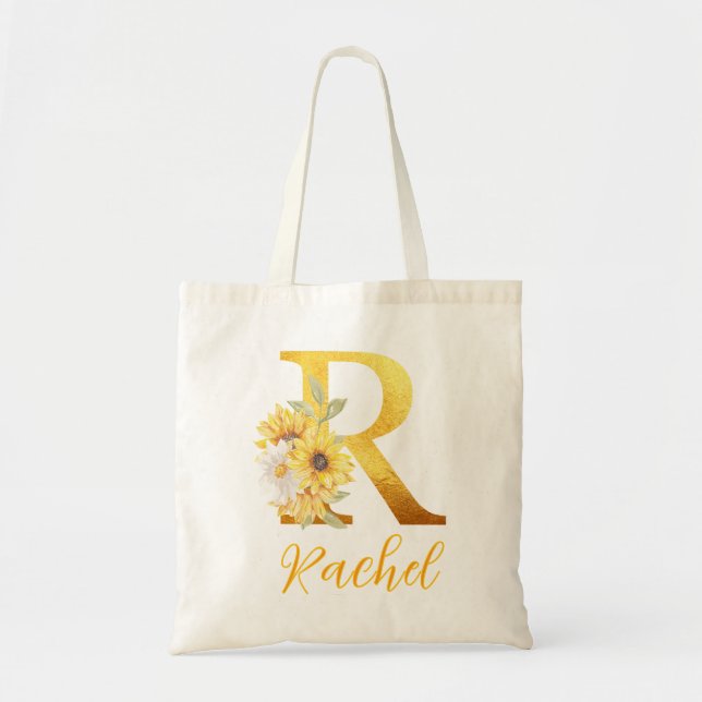 Golden Floral letter R Monogram Wedding Favour Tote Bag (Front)