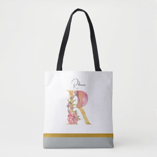 Golden Floral Letter R Tote (Front)