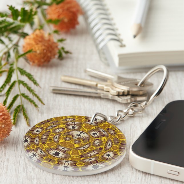 Golden Floral Mandala Boho Pattern Key Ring (Front Right)