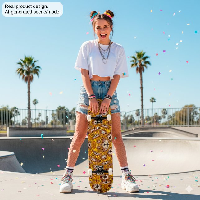 Golden Floral Mandala Boho Pattern Skateboard (Creator Uploaded)