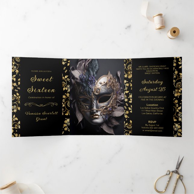 Golden Floral Masquerade Sweet 16 Party Invitation (Inside)