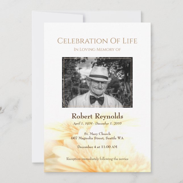 Golden Floral Memorial Funeral Service Photo Invitation (Front)